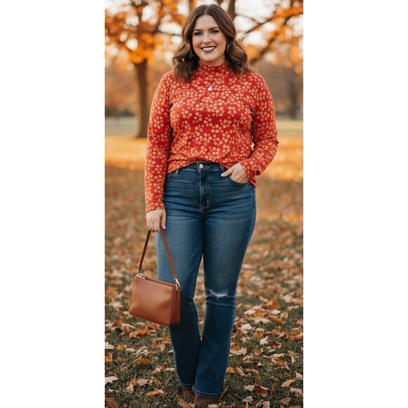 Lularoe Women 3x Red Orange dainty floral Ribbed Texture Cottage Mock Neck Top - Picture 1 of 5